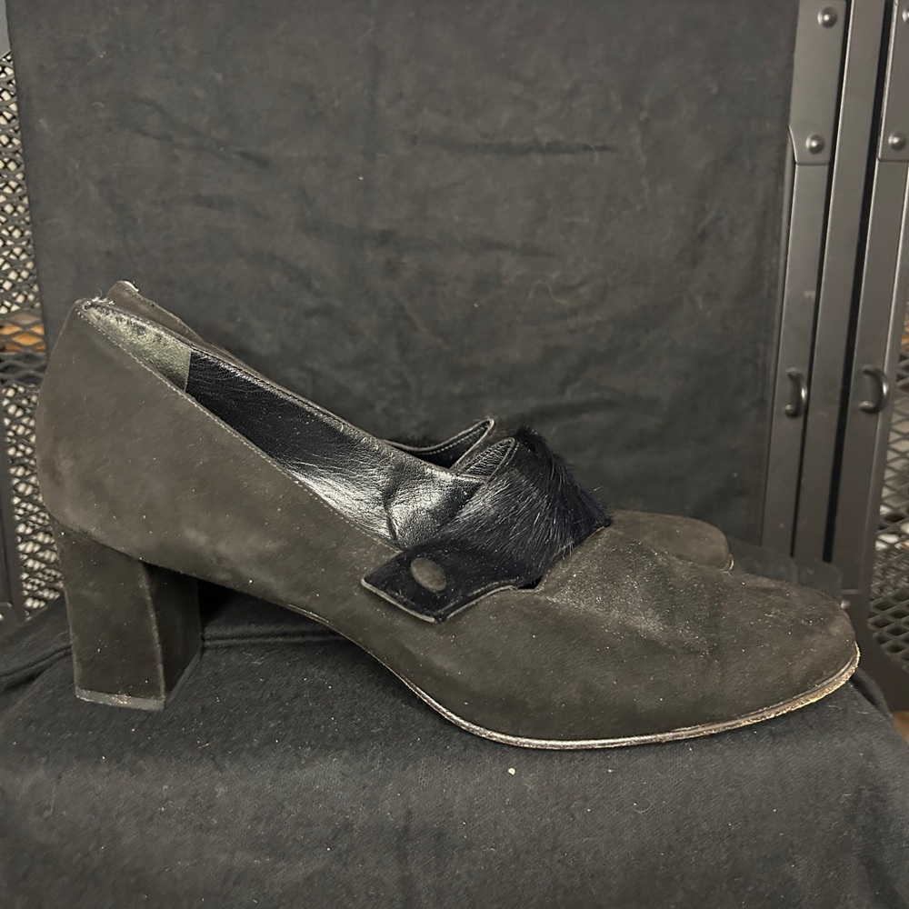 Emporio Armani Black Suede & Pony Hair Block Heel Pumps – Size 38.5